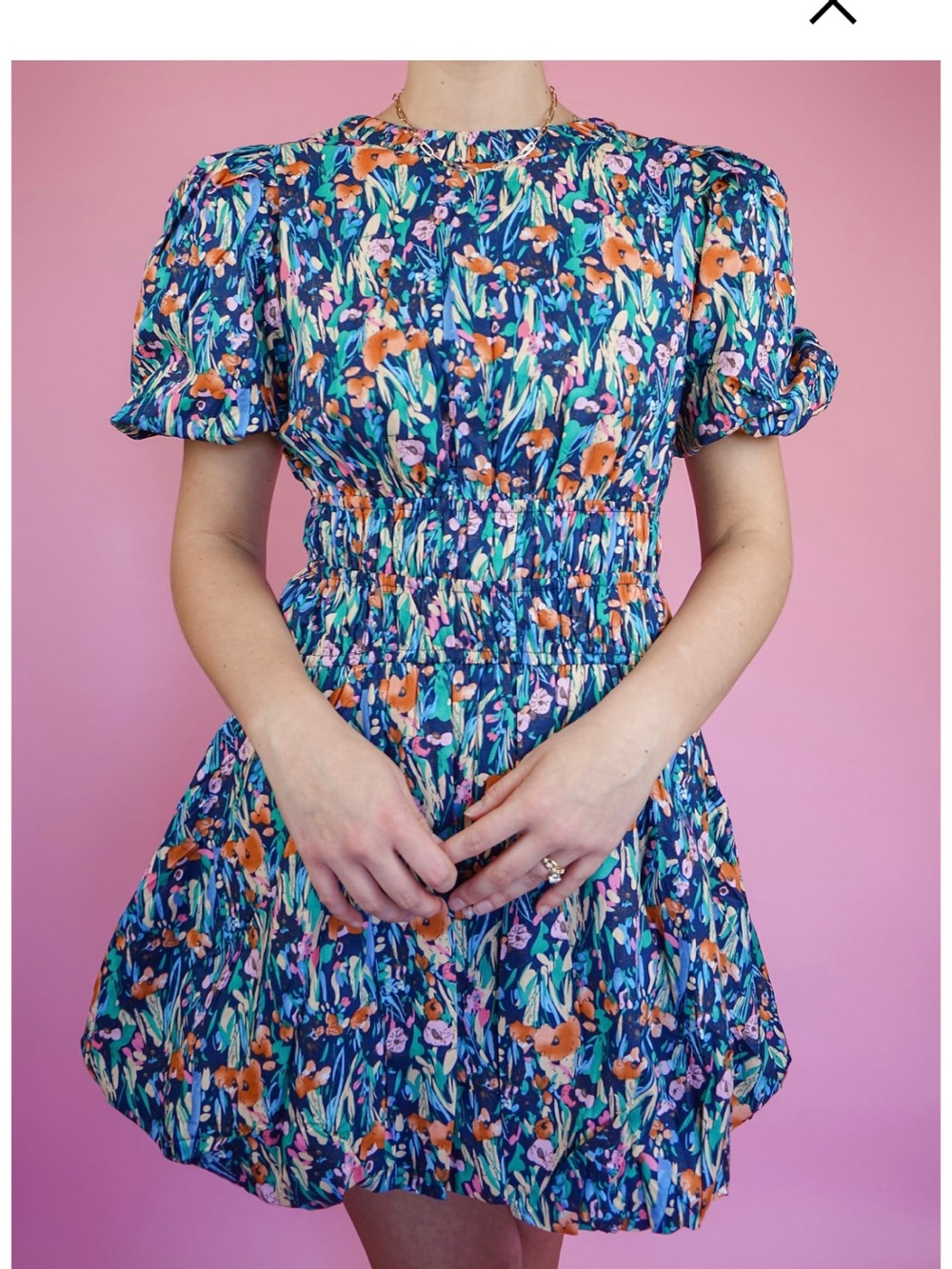 Blue Floral Smocked Mini Dress with Puff Sleeves